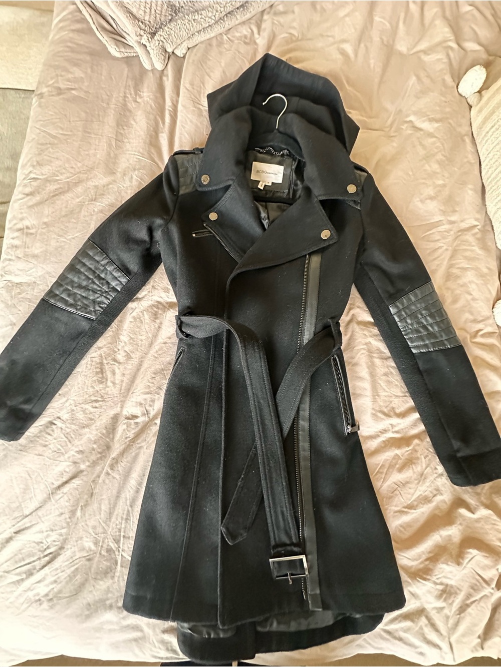 BCBGeneration Black Hooded Belted Trench Coat